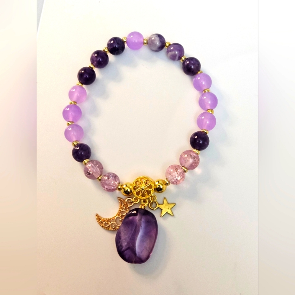 Amethyst and Glass Beaded Bracelet with Moon/Star